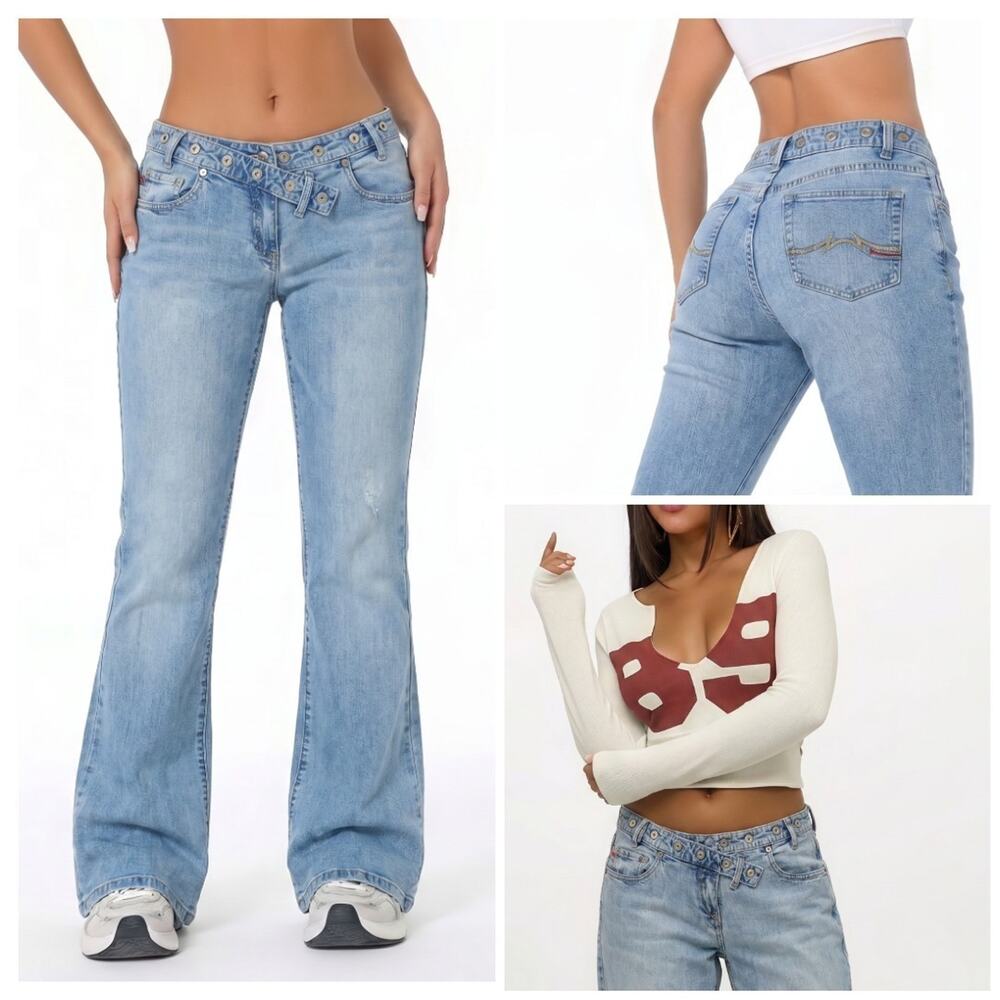 Y2k Parasuco Flare Low rise Jeans 31x32 Crossover Asymmetric waist Studs Punk